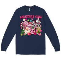 Navy retro pink christmas vibes Long Sleeve Tee - MaliasSmallBusiness