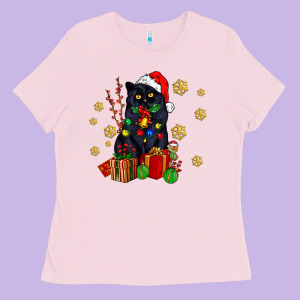 Black Cat Meowy Christmas Ladies Tee Designed By Adodesignshop