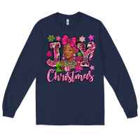 Navy pink christmas joy black woman Long Sleeve Tee - MaliasSmallBusiness