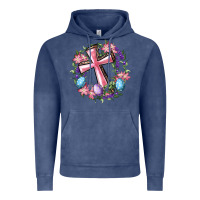 Vintage Denim Cross With Floral Wreath And Easter Eggs Vintage Hoodie - RanaPortraitStore