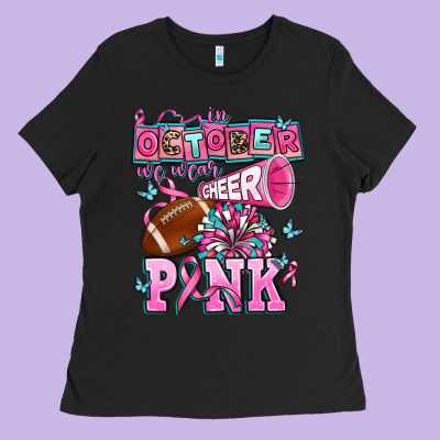 In October We Wear Cheer Pink Football Ladies Tee Designed By Adodesignshop