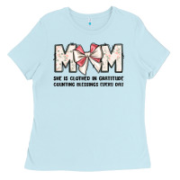 Baby Blue mom she is clothed in gratitude counting blessings Ladies Tee - JahusDesignShop
