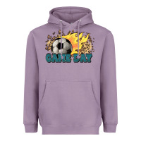Lavender Game day Soccer leopard flames fireball Heavyweight Hoodie - HowdyJamesFarm