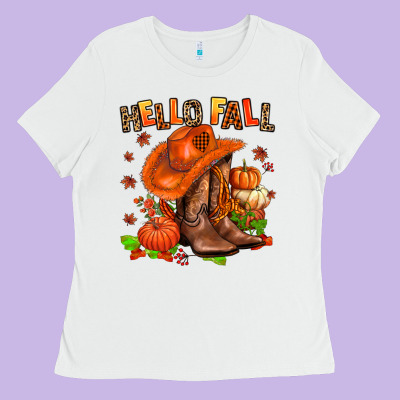 Hello Fall Pumpkins  Cowgirl  And Roses Ladies Tee Designed By Adodesignshop