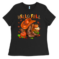 Black hello fall pumpkins  cowgirl  and roses Ladies Tee - AdoDesignShop