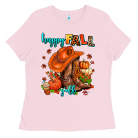 Bubblegum Pink happy fall y'all  cowgirl Ladies Tee - AdoDesignShop