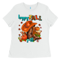 White happy fall y'all  cowgirl Ladies Tee - AdoDesignShop