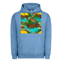 Pigment Pebble Blue Lake Boat Rudder And Sunflowers Seamless Pattern Urban Hoodie - BundleAndBundleShop