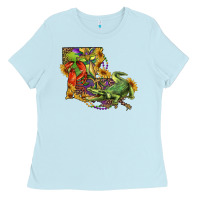 Baby Blue louisiana map with mardi gras crocodile Ladies Tee - RanaPortraitStore
