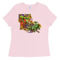 Bubblegum Pink louisiana map with mardi gras crocodile Ladies Tee - RanaPortraitStore