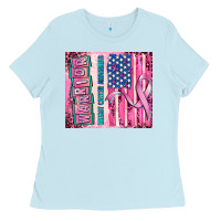 Baby Blue warrior breast cancer and american flag Ladies Tee - AdoDesignShop