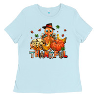 Baby Blue thankful pumpkins and turkey Ladies Tee - AdoDesignShop