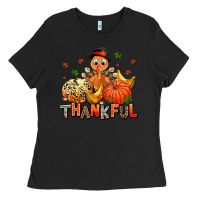 Black thankful pumpkins and turkey Ladies Tee - AdoDesignShop