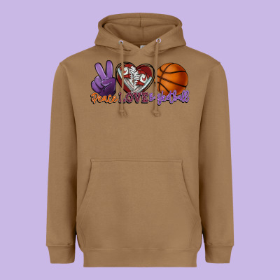Peace Love Basketball Heavyweight Hoodie Designed By Howdyjamesfarm