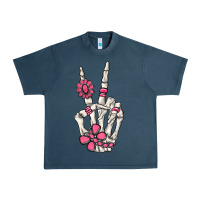 Midnight Navy pink gemstone peace skeleton hand Urban Heavy Tee - MaliasSmallBusiness
