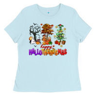 Baby Blue happy hallothanksmas trees Ladies Tee - AdoDesignShop