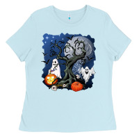 Baby Blue halloween tree and ghosts Ladies Tee - AdoDesignShop