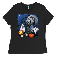 Black halloween tree and ghosts Ladies Tee - AdoDesignShop