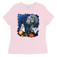 Bubblegum Pink halloween tree and ghosts Ladies Tee - AdoDesignShop