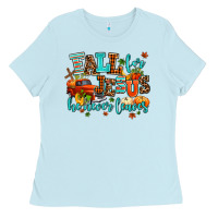 Baby Blue fall for jesus he never leaves Ladies Tee - AdoDesignShop