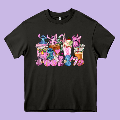 Stitch And Lilo Pink Christmas Coffee Cups Heavy Core Tee Designed By Adodesignshop