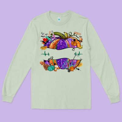 Halloween Nurse Pumpkin Custom Name Long Sleeve Tee Designed By Nancycooperartshop