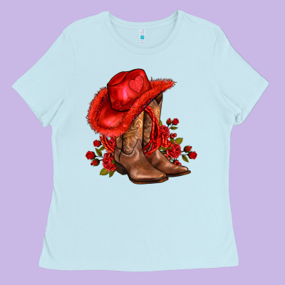 Valentines Day Cowboy Boots Red  And Roses Ladies Tee Designed By Adodesignshop