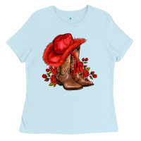 Baby Blue valentines day cowboy boots red  and roses Ladies Tee - AdoDesignShop