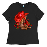 Black valentines day cowboy boots red  and roses Ladies Tee - AdoDesignShop