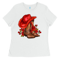 White valentines day cowboy boots red  and roses Ladies Tee - AdoDesignShop