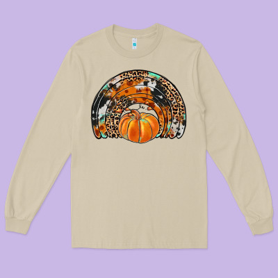 Western Pumpkin Fall Rainbow Long Sleeve Tee Designed By Jahusdesignshop
