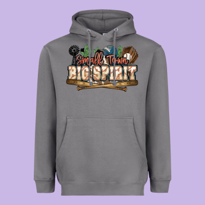 Small Town Big Spirit Baseball Heavyweight Hoodie Designed By Howdyjamesfarm