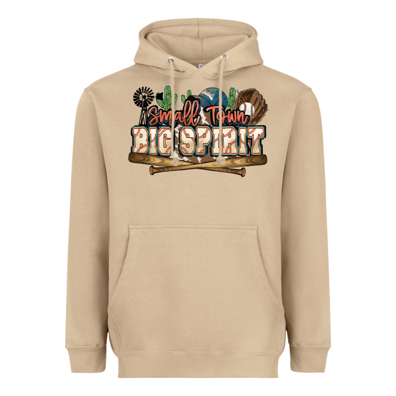 Small Town Big Spirit Baseball Heavyweight Hoodie by HowdyJamesFarm | Teevron