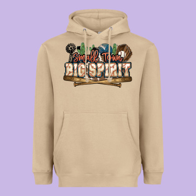 Small Town Big Spirit Baseball Heavyweight Hoodie Designed By Howdyjamesfarm
