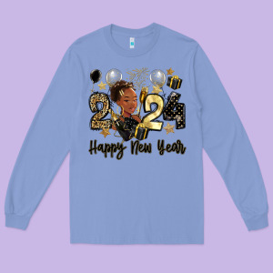 2024 Happy New Year Black Woman Long Sleeve Tee Designed By Maliassmallbusiness