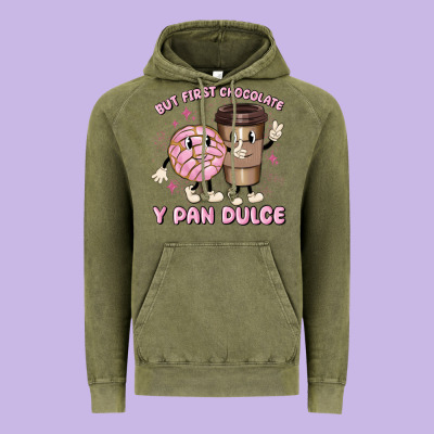 But First Chocolate Y Pan Dulce Vintage Hoodie Designed By Maliassmallbusiness