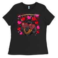 Black valentine's day  dachshund puppy Ladies Tee - RanaPortraitStore