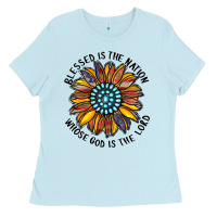 Baby Blue blessed is the nation whose god is the lord Ladies Tee - CowhideDigitalArt