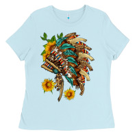 Baby Blue indian headdress with pattern and sunflowers Ladies Tee - HRA Design Shop