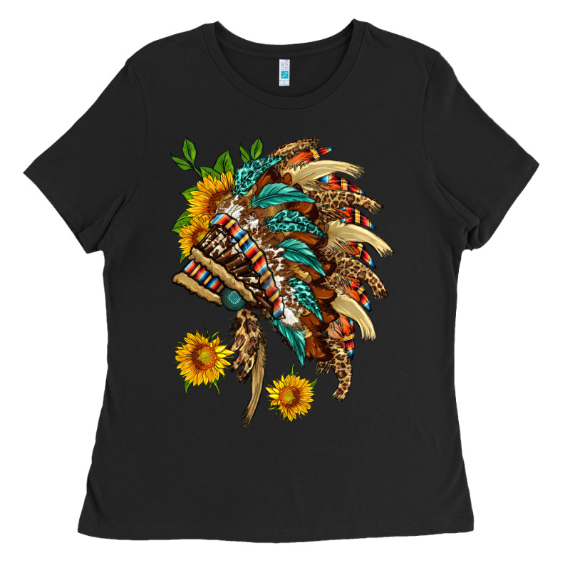 Indian Headdress With Pattern And Sunflowers Ladies Tee by HRA Design Shop | Teevron
