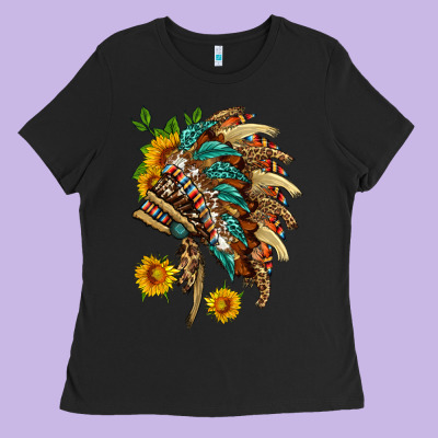 Indian Headdress With Pattern And Sunflowers Ladies Tee Designed By Hra Design Shop