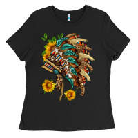 Black indian headdress with pattern and sunflowers Ladies Tee - HRA Design Shop