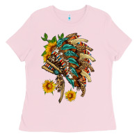 Bubblegum Pink indian headdress with pattern and sunflowers Ladies Tee - HRA Design Shop