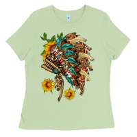 Matcha indian headdress with pattern and sunflowers Ladies Tee - HRA Design Shop
