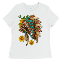 White indian headdress with pattern and sunflowers Ladies Tee - HRA Design Shop