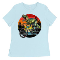 Baby Blue t rex dinosaur riding bicycle with retro forest sunset Ladies Tee - RanaPortraitStore