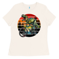 Bone t rex dinosaur riding bicycle with retro forest sunset Ladies Tee - RanaPortraitStore