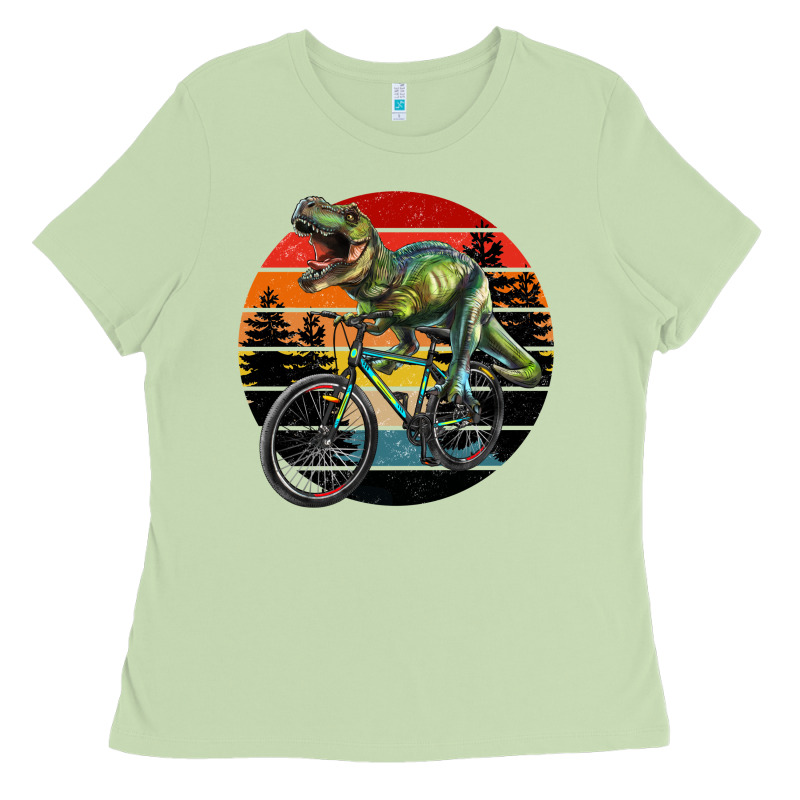 T Rex Dinosaur Riding Bicycle With Retro Forest Sunset Ladies Tee by RanaPortraitStore | Teevron