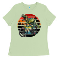 Matcha t rex dinosaur riding bicycle with retro forest sunset Ladies Tee - RanaPortraitStore