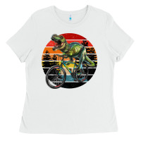 White t rex dinosaur riding bicycle with retro forest sunset Ladies Tee - RanaPortraitStore